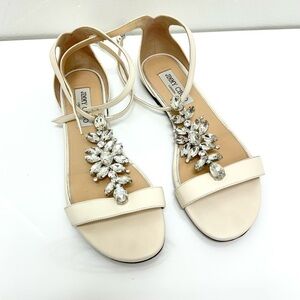 JIMMY CHOO Averie Embellished White Leather T-Strap Sandals, Size 37,5